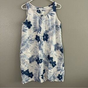 J Jill Love Linen Sz S Blue White Floral Linen Tank Shift Dress Beach Lagenlook